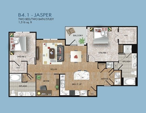 Floor plan for 2 beds, 2 baths